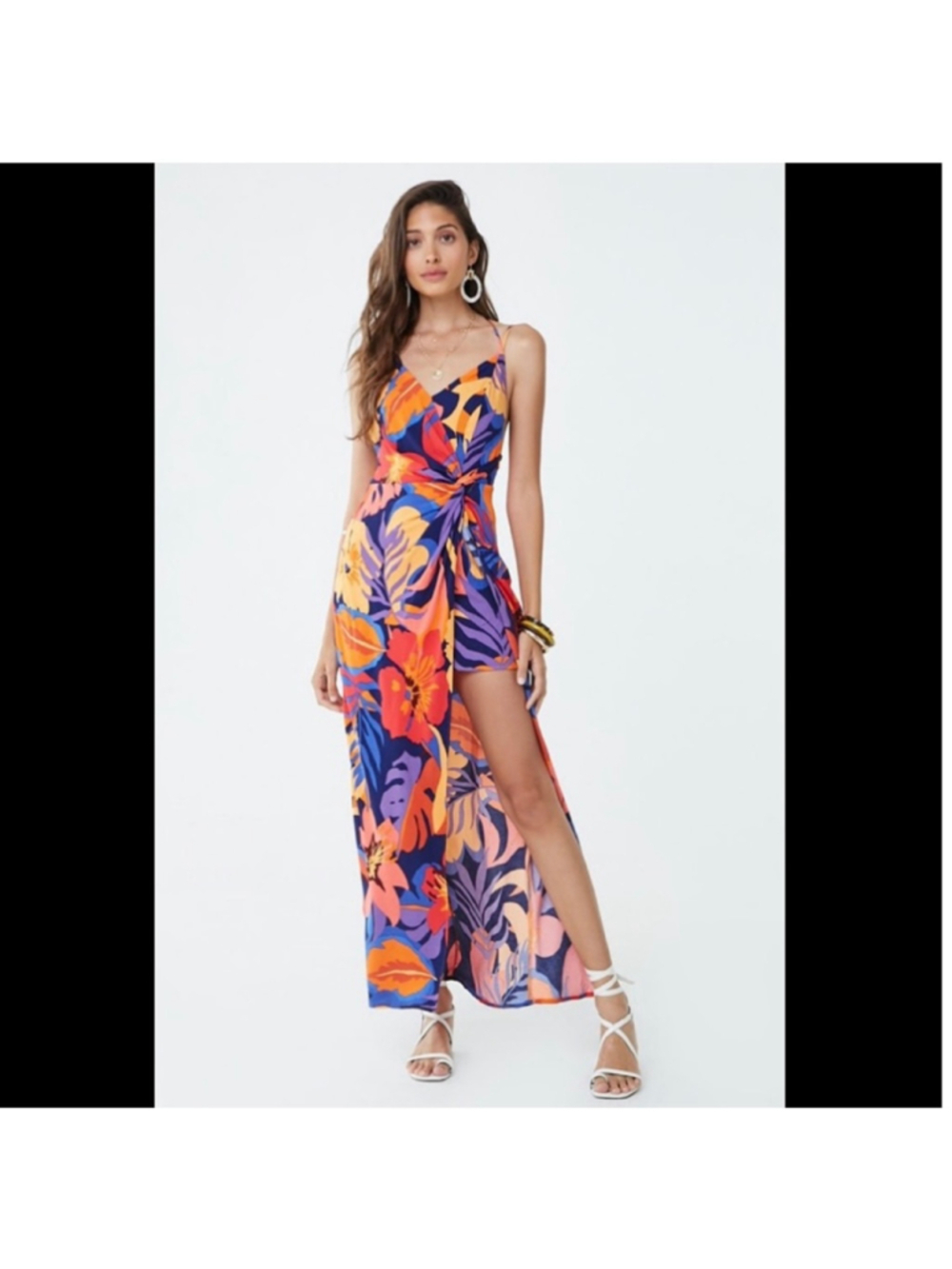 Forever 21 Contemporary Tropical Floral Maxi Mini Dress Side Slit Open Back XS